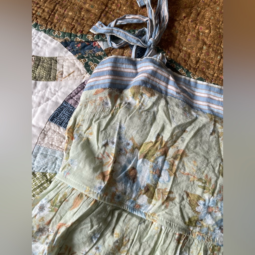 Floral Tie Midi Strap Dress with Blue, Green, and Beige Tones - Picture 12 of 12